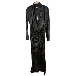 Club L London‎ Skylar Black Satin Jacquard Wrap Plunge Neck Long Sleeve Twist 6